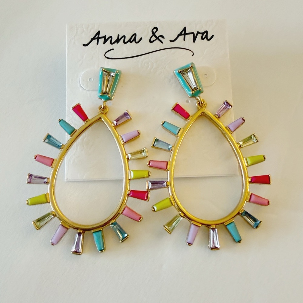 Anna & Ava Gold Teardrop statement Earrings Pastel Multicolor Baguettes Formal